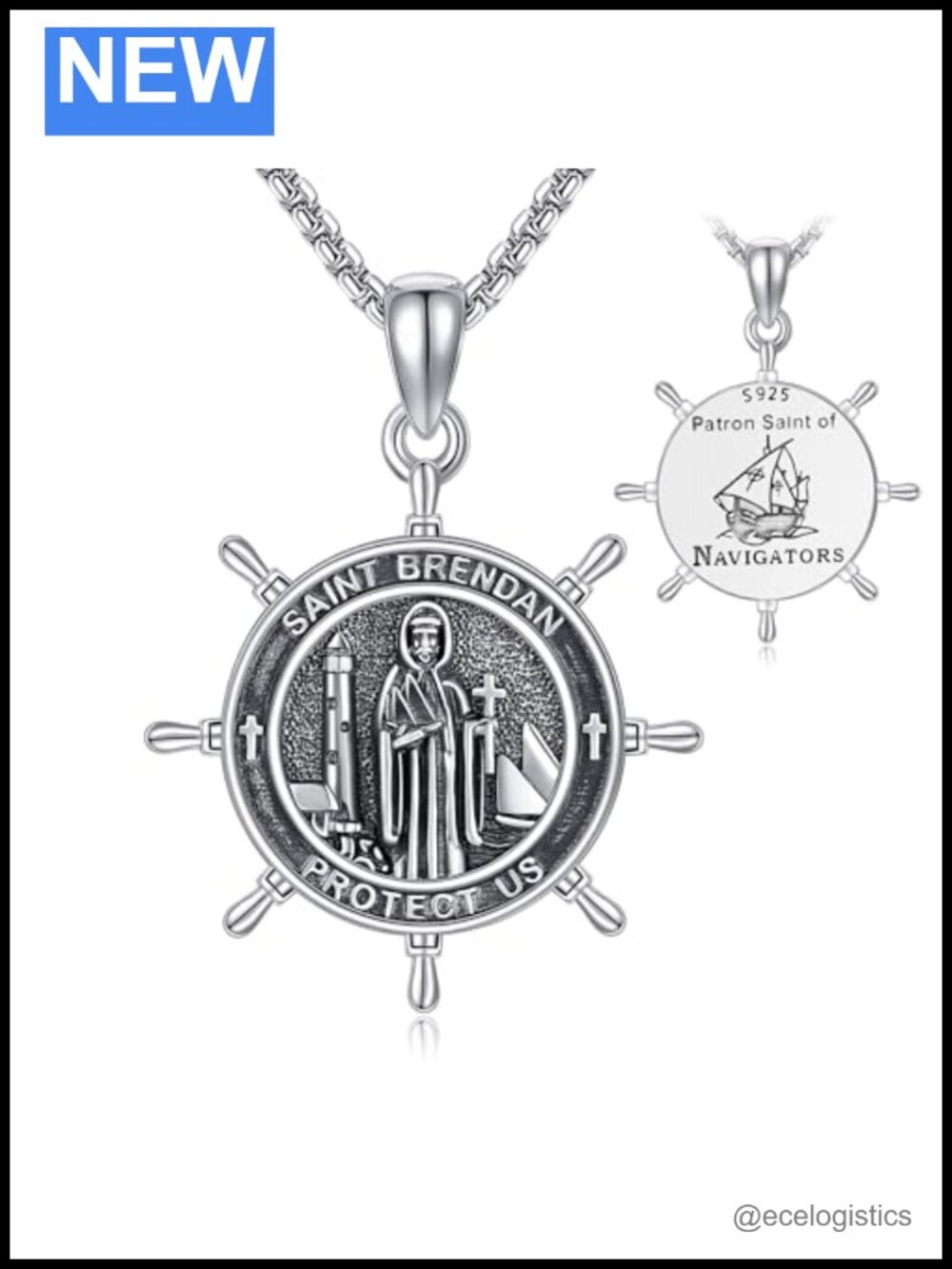 Saint Brendan Necklace S925 Sterling Silver Medal Pendant Protection Jewelry
